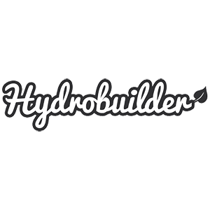 Hydrobuilder logo on a green background with web design elements.