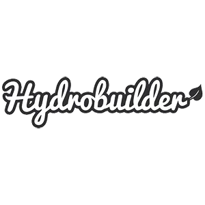Hydrobuilder logo on a green background with web design elements.