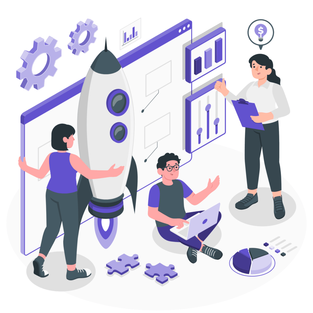 Isometric illustration of a group of people working on a project with a focus on branding.