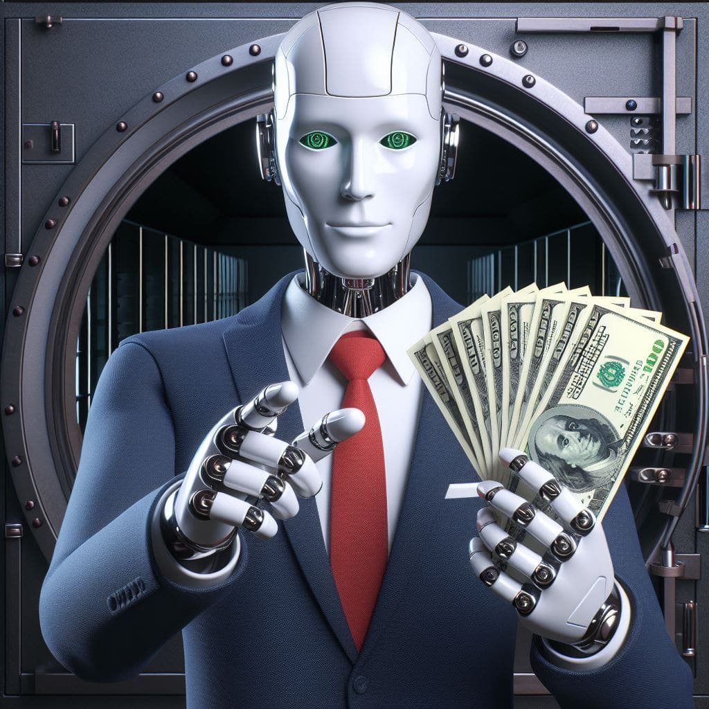 A budget-friendly robot holding money in front of a door, perfect for startups looking for a logo design.
