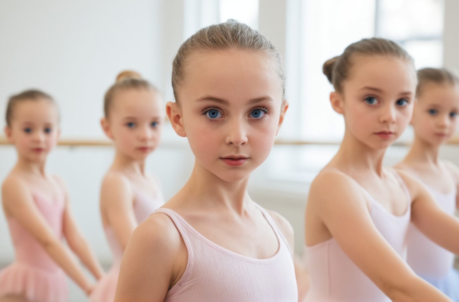 Five young girls in ballet attire stand gracefully in a ballet studio, facing the camera, with a ballet barre in the background—an inspiring snapshot worthy of any social media post to showcase the elegance taught at renowned ballet schools.