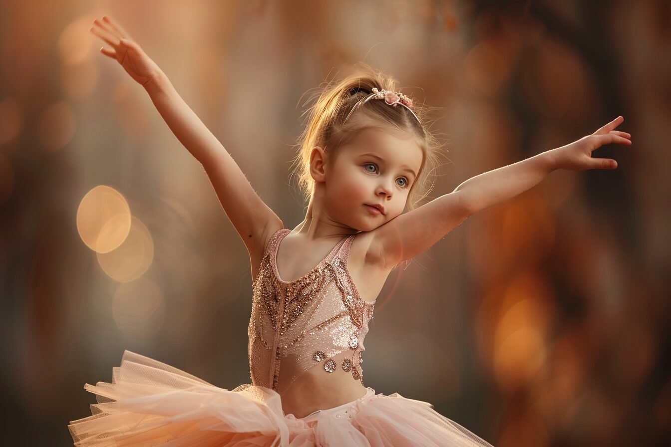 Young girl in a pink tutu and sparkly top poses with arms outstretched, set against a warm, blurred background—a perfect moment for your Dance Costume Ideas board on Pinterest.