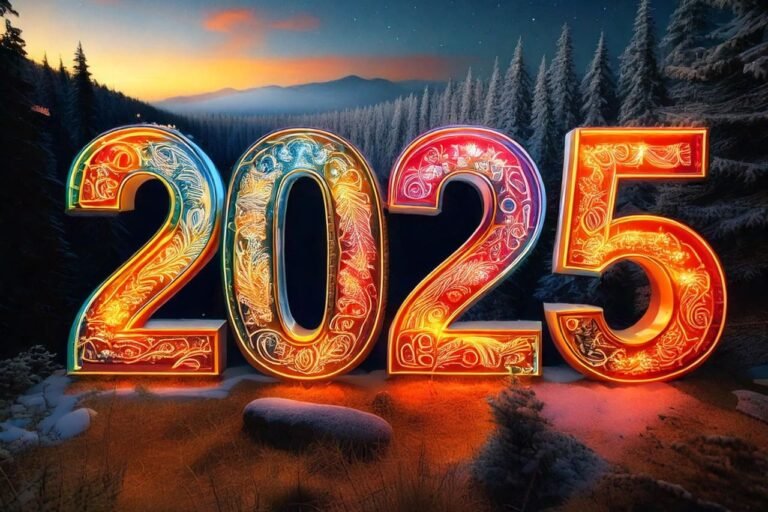 In a snowy forest at dusk, illuminated "2025" numbers with ornate designs herald the New Year, setting the perfect scene for reflections that inspire the first post on our new blog.