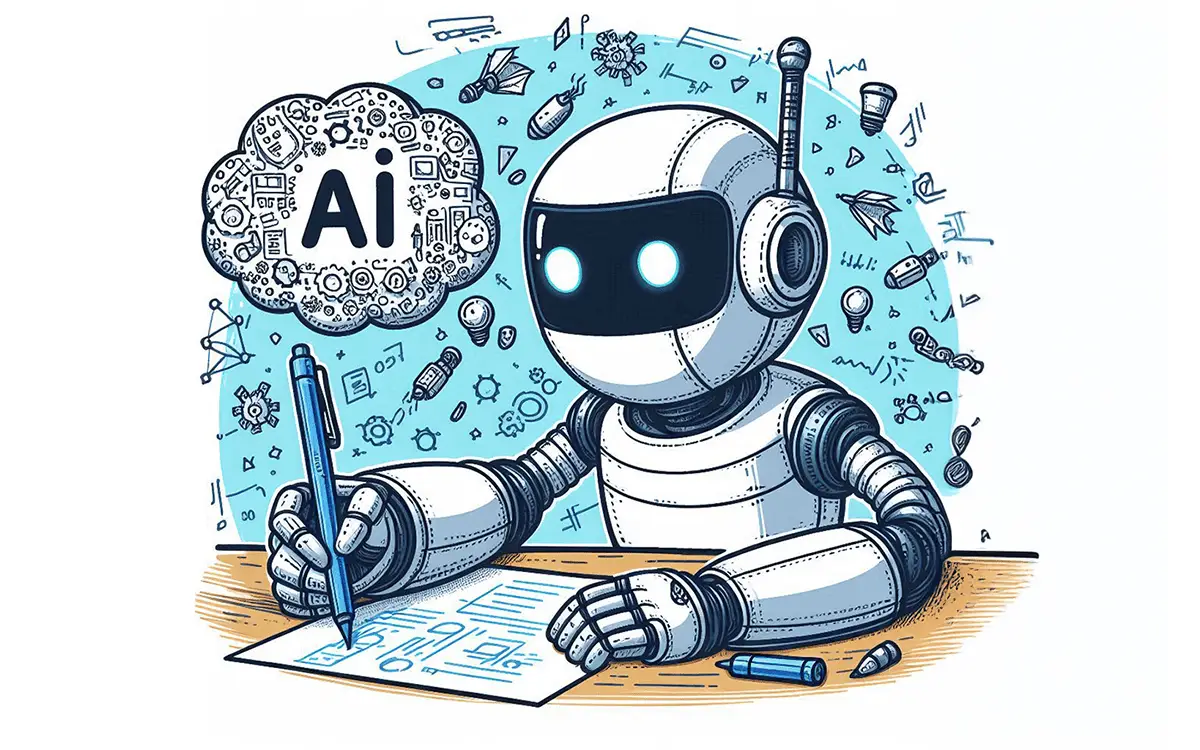 A robot with glowing eyes writes on paper, surrounded by scientific symbols and elements of graphic design. A thought bubble with "AI" hovers above its head, symbolizing its advanced thinking capabilities.