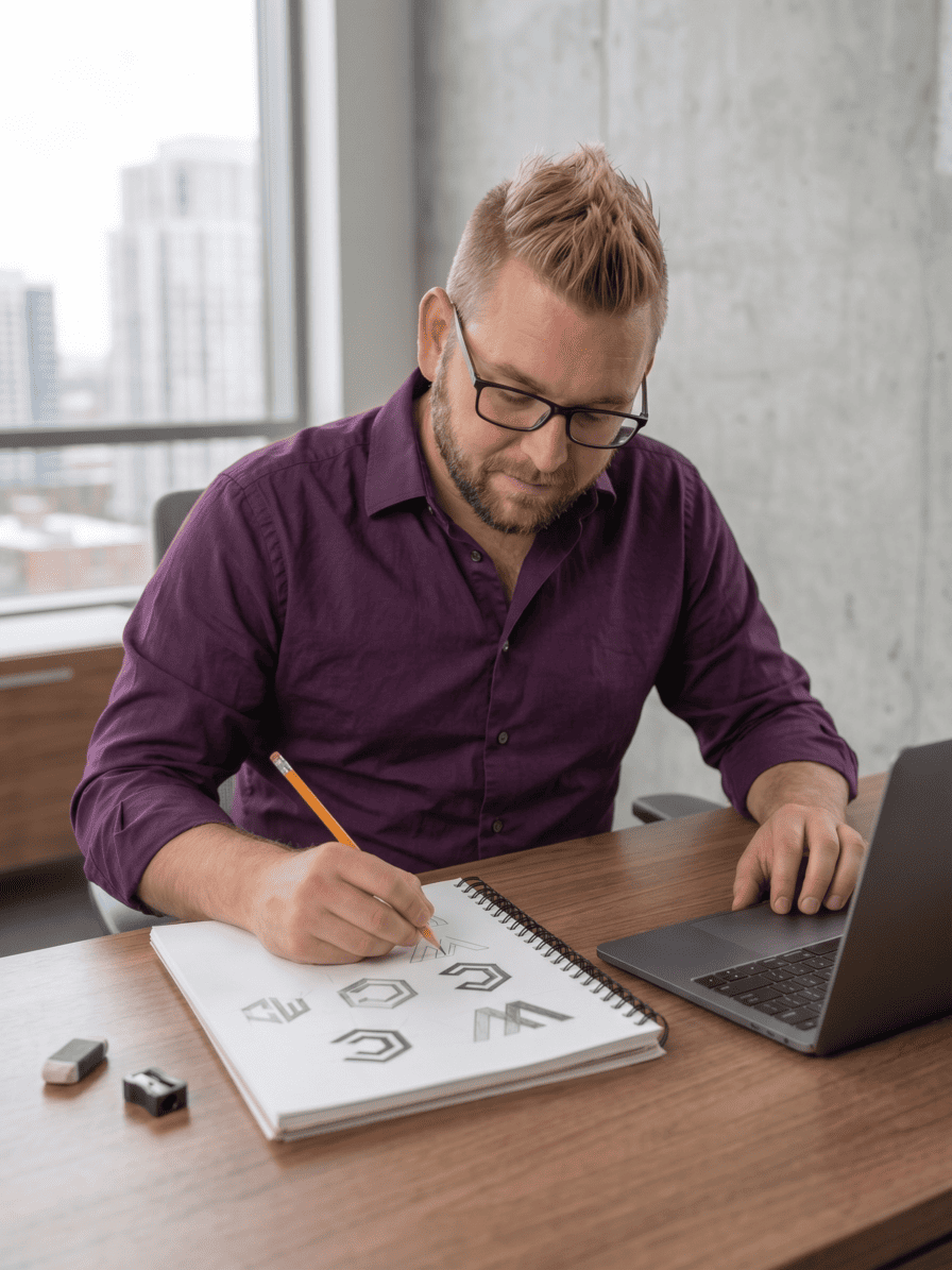 Cole sketching technical logo concepts in his office