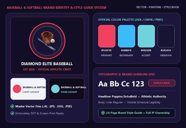 Custom Baseball & Softball Brand Identity, Crest & Color Swatches
