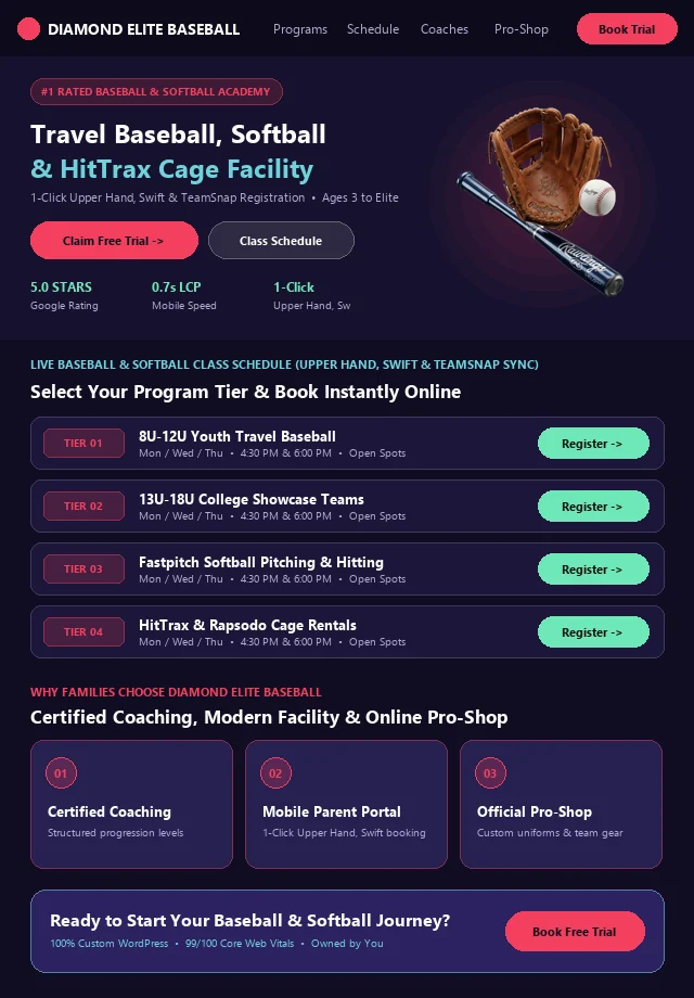 Custom Baseball & Softball Website & Live Portal Schedule Mockup