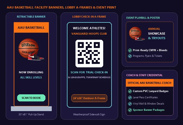 AAU Basketball Retractable Banners, Lobby QR A-Frame & Event Print