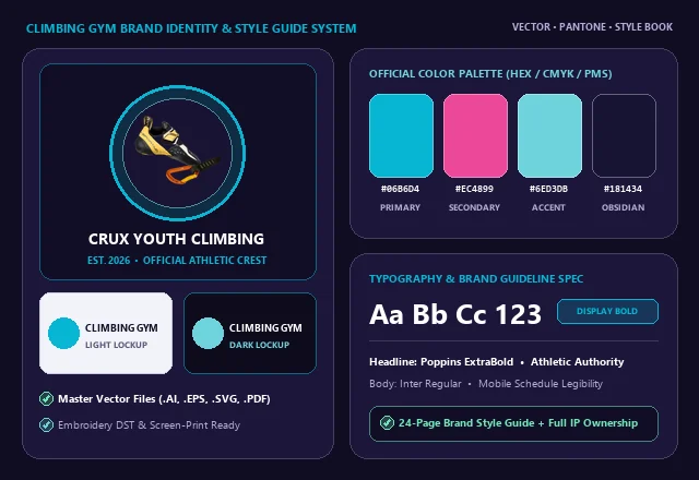 Custom Climbing Gym Brand Identity, Crest & Color Swatches