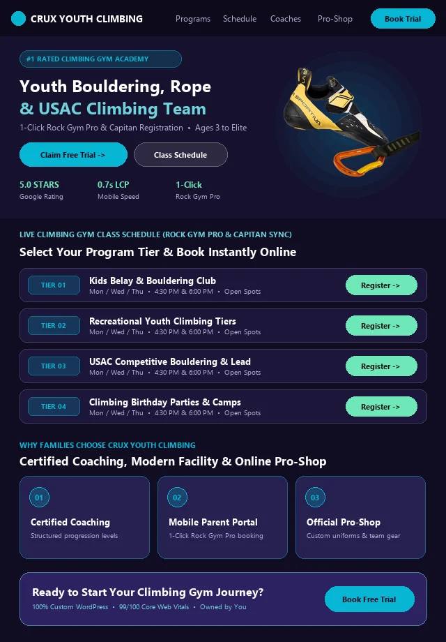 Custom Climbing Gym Website & Live Portal Schedule Mockup