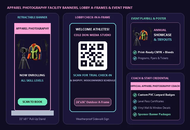 Apparel Photography Retractable Pull-Up Banner, Lobby QR Check-In A-Frame, Event Poster and Coach Credential