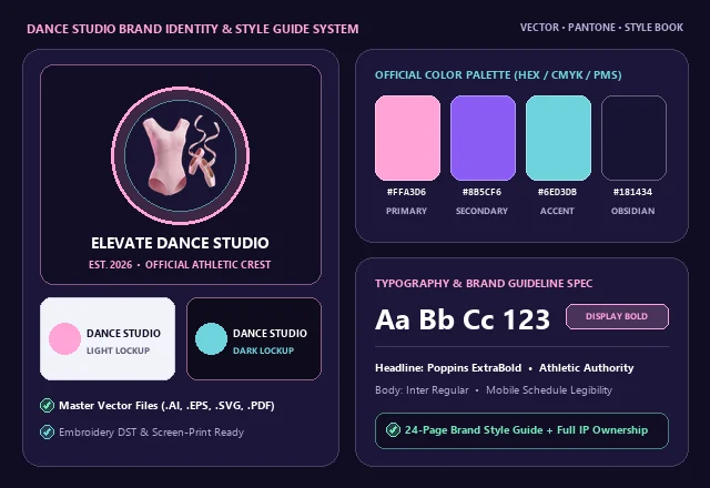 Custom Dance Studio Brand Identity, Crest & Color Swatches