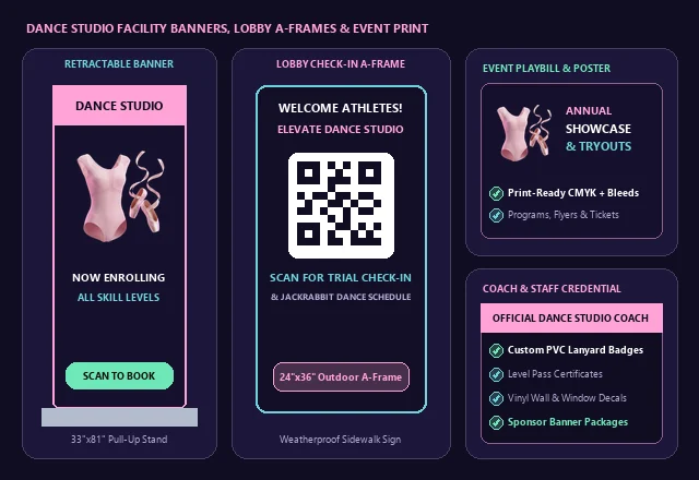 Dance Studio Retractable Banners, Lobby QR A-Frame & Event Print