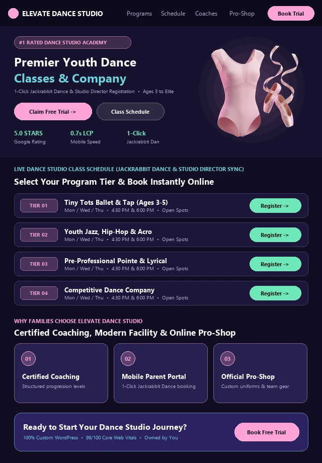 Custom Dance Studio Website & Live Portal Schedule Mockup