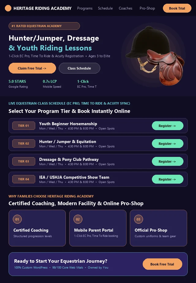 Custom Equestrian Website & Live Portal Schedule Mockup