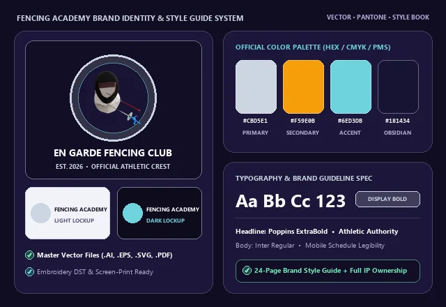 Custom Fencing Academy Brand Identity, Crest & Color Swatches