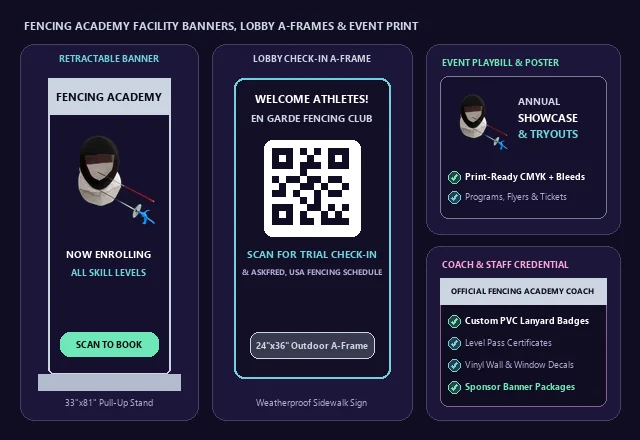 Fencing Academy Retractable Banners, Lobby QR A-Frame & Event Print