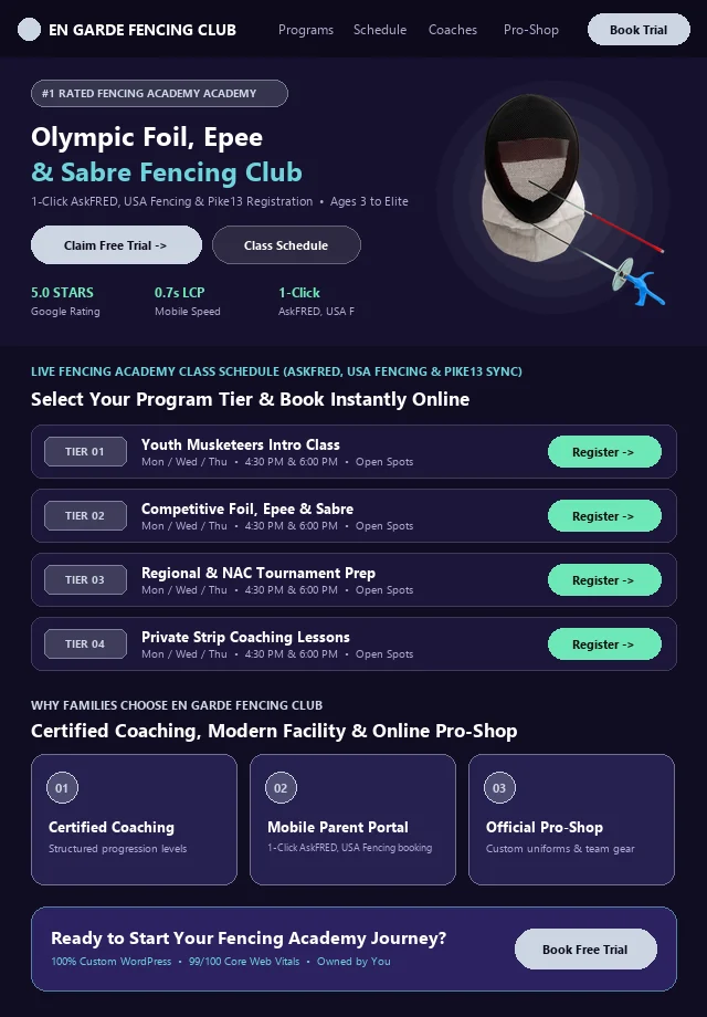 Custom Fencing Academy Website & Live Portal Schedule Mockup