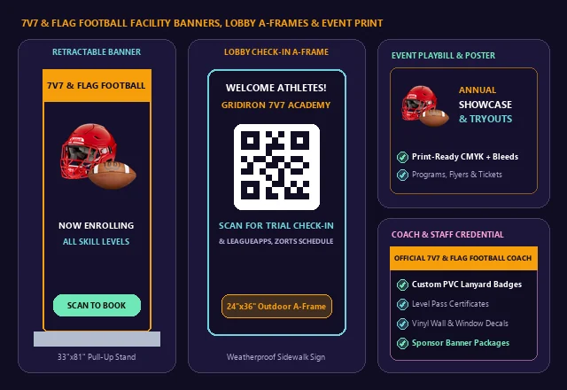7v7 & Flag Football Retractable Banners, Lobby QR A-Frame & Event Print