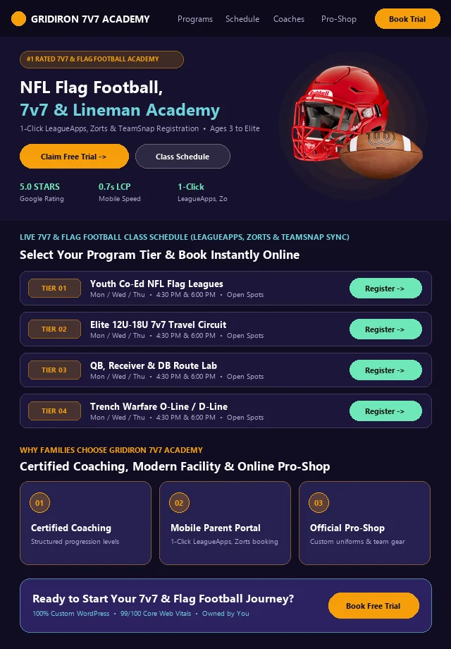 Custom 7v7 & Flag Football Website & Live Portal Schedule Mockup