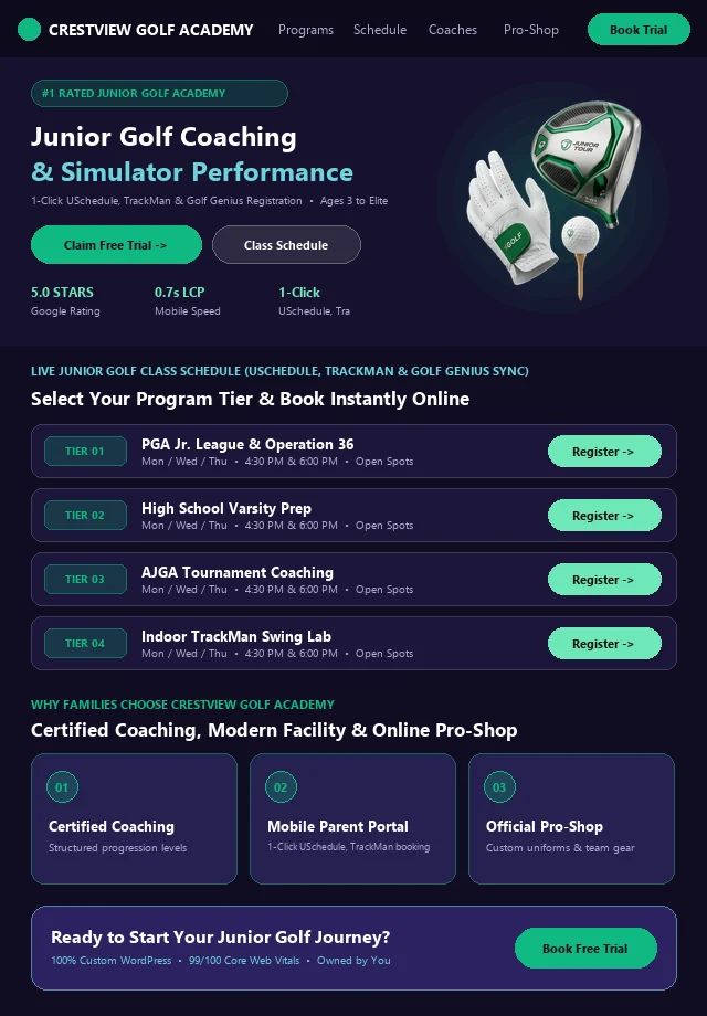 Custom Junior Golf Website & Live Portal Schedule Mockup