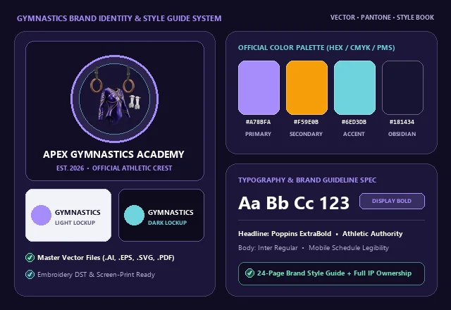 Custom Gymnastics Brand Identity, Crest & Color Swatches