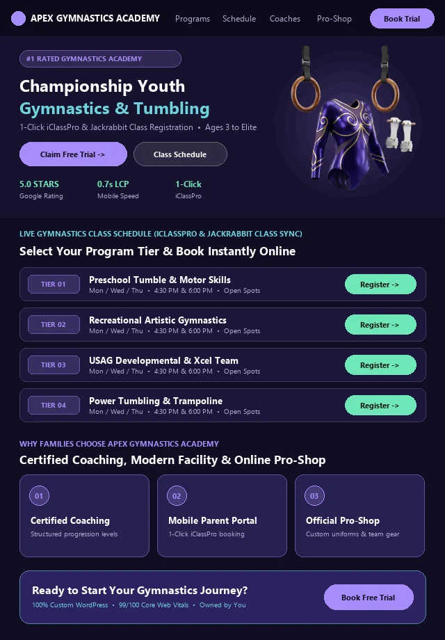 Custom Gymnastics Website & Live Portal Schedule Mockup