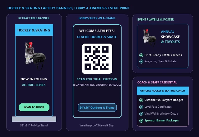 Hockey & Skating Retractable Banners, Lobby QR A-Frame & Event Print