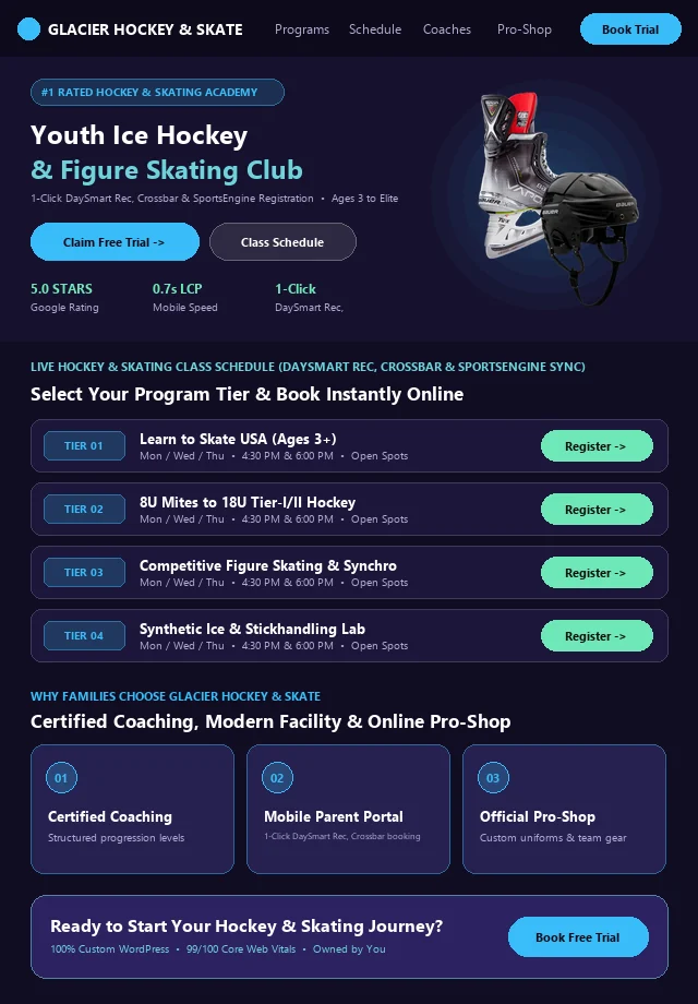 Custom Hockey & Skating Website & Live Portal Schedule Mockup