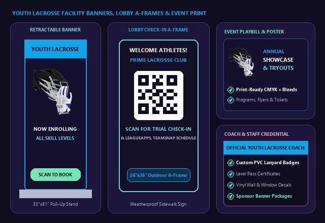 Youth Lacrosse Retractable Banners, Lobby QR A-Frame & Event Print