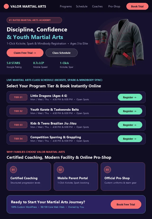 Custom Martial Arts Website & Live Portal Schedule Mockup