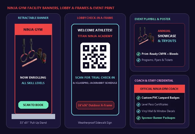 Ninja Gym Retractable Banners, Lobby QR A-Frame & Event Print