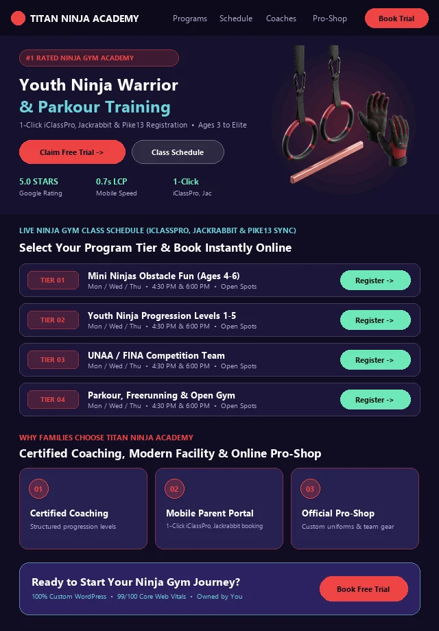 Custom Ninja Gym Website & Live Portal Schedule Mockup