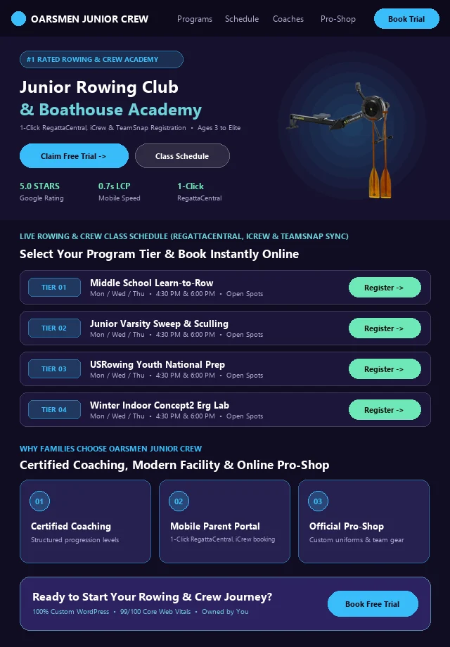 Custom Rowing & Crew Website & Live Portal Schedule Mockup