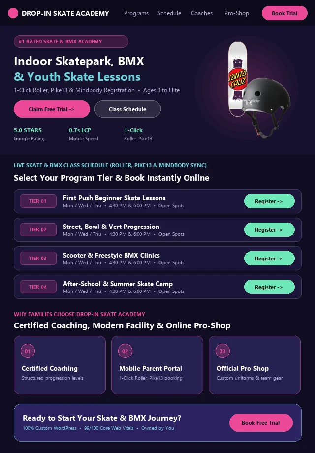 Custom Skate & BMX Website & Live Portal Schedule Mockup