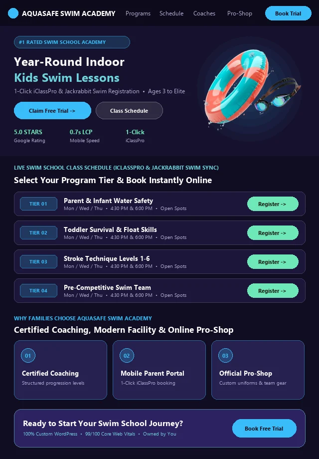 Custom Swim School Website & Live Portal Schedule Mockup
