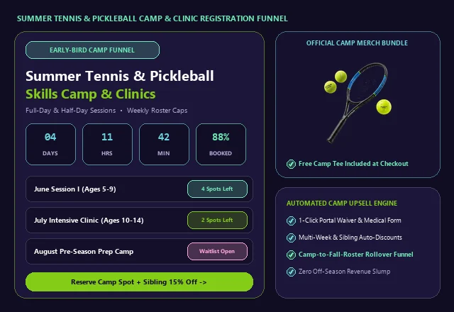 Tennis & Pickleball Summer Camp and Clinic Registration Funnel UI