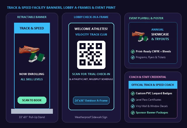 Track & Speed Retractable Banners, Lobby QR A-Frame & Event Print