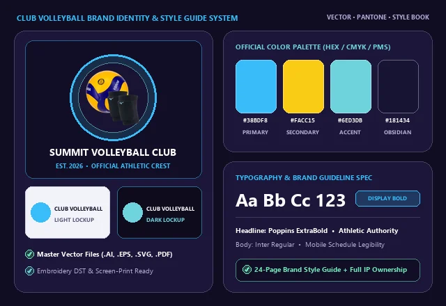 Custom Club Volleyball Brand Identity, Crest & Color Swatches