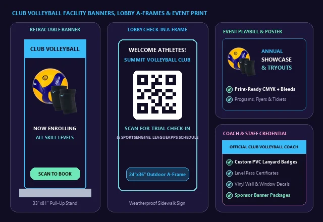 Club Volleyball Retractable Banners, Lobby QR A-Frame & Event Print