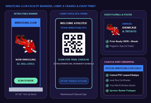 Wrestling Club Retractable Banners, Lobby QR A-Frame & Event Print