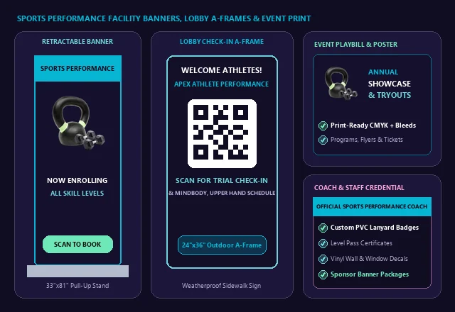 Sports Performance Retractable Banners, Lobby QR A-Frame & Event Print
