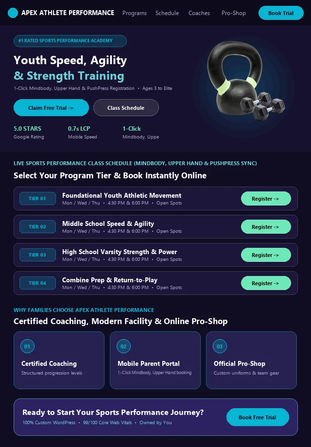 Custom Sports Performance Website & Live Portal Schedule Mockup