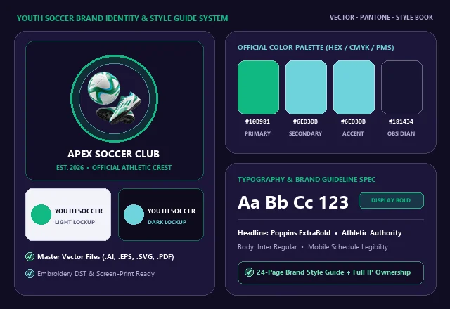 Custom Youth Soccer Brand Identity, Crest & Color Swatches