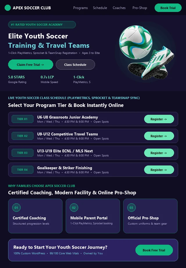Custom Youth Soccer Website & Live Portal Schedule Mockup