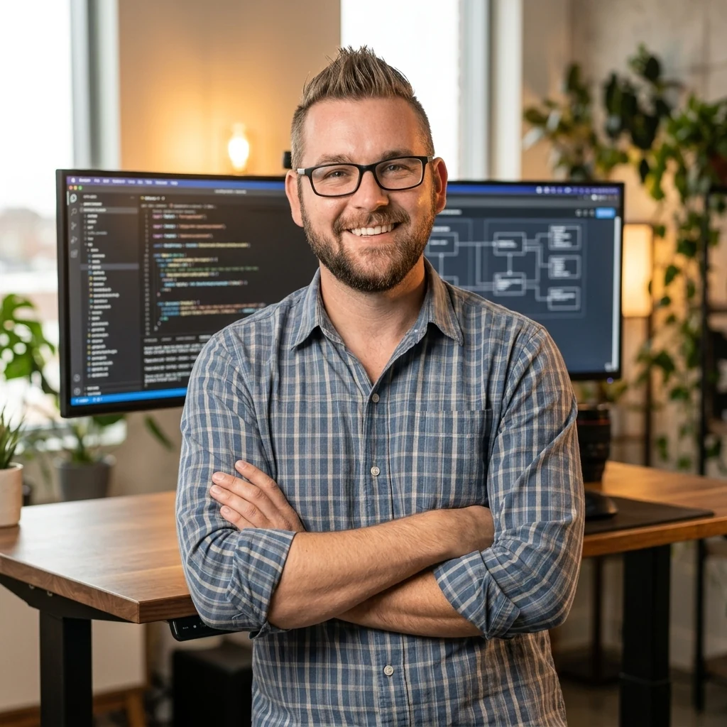 Cole Norton, Senior WordPress Architect and Founder of Cole Don Media, in his Colorado design studio leaning against his standing desk with custom PHP code and API architecture in the background
