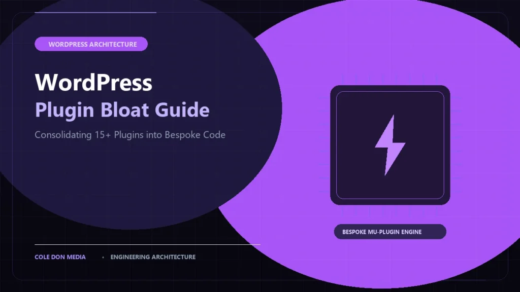 Minimalist dark editorial cover for WordPress plugin bloat consolidation guide featuring clean typography and speed chip emblem
