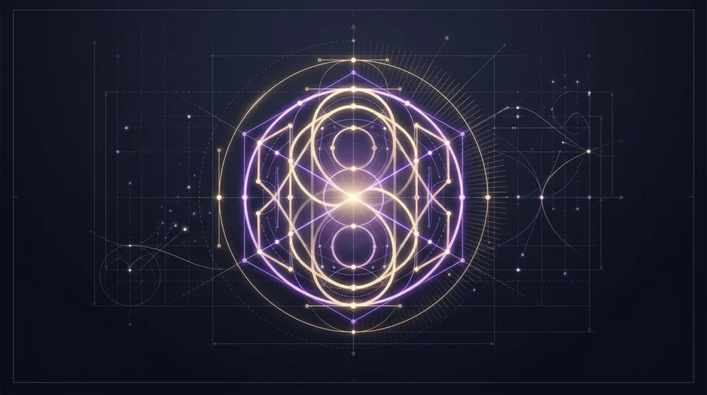 Dark mode vector blueprint of geometric brand mark with Bezier curve anchor points and technical clearance guides
