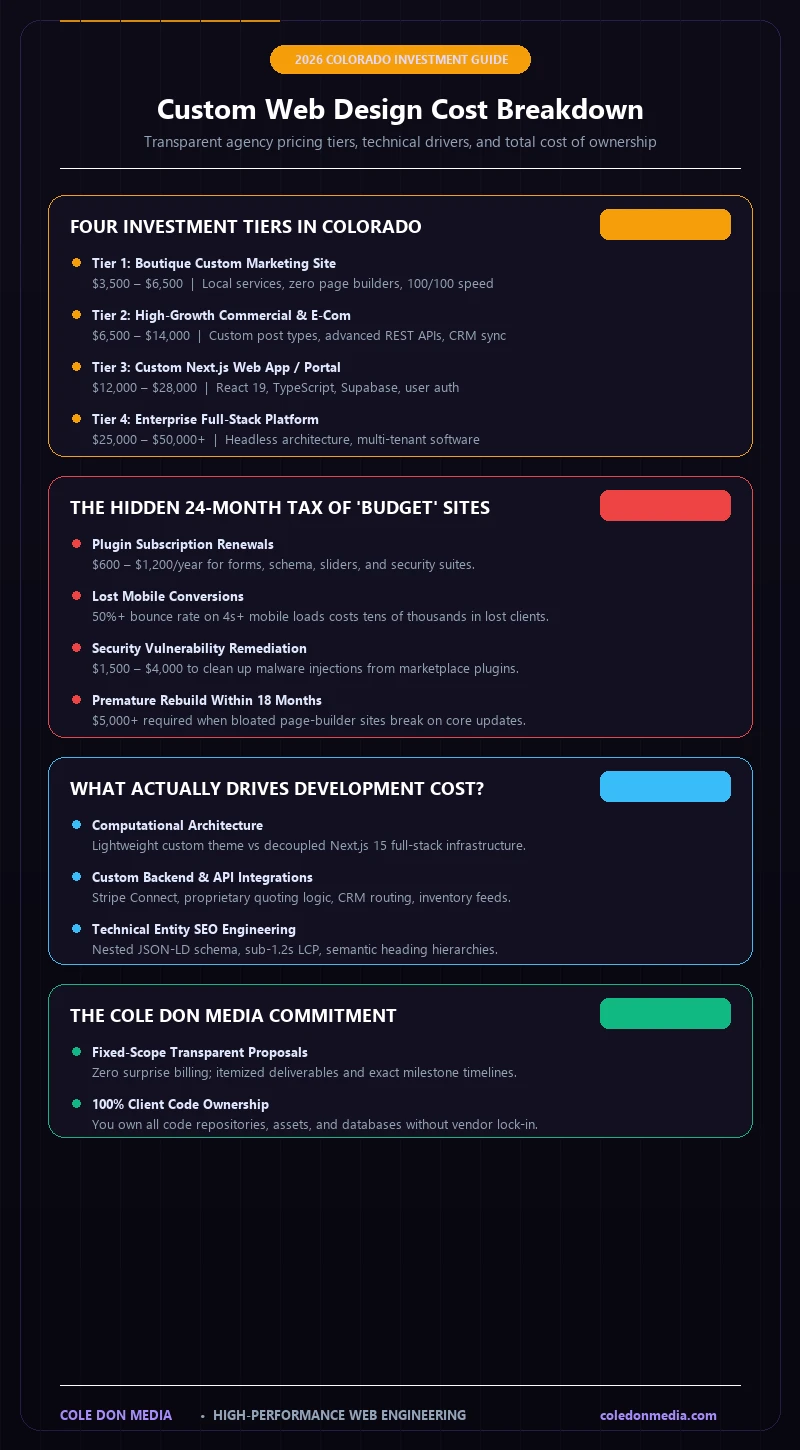 Vertical infographic displaying 2026 custom web design pricing tiers and total cost of ownership breakdown