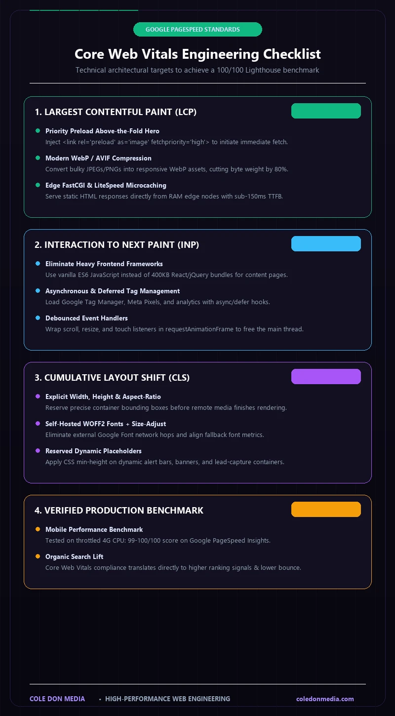 Vertical technical infographic detailing Core Web Vitals optimization checklist, LCP, INP, and CLS engineering benchmarks